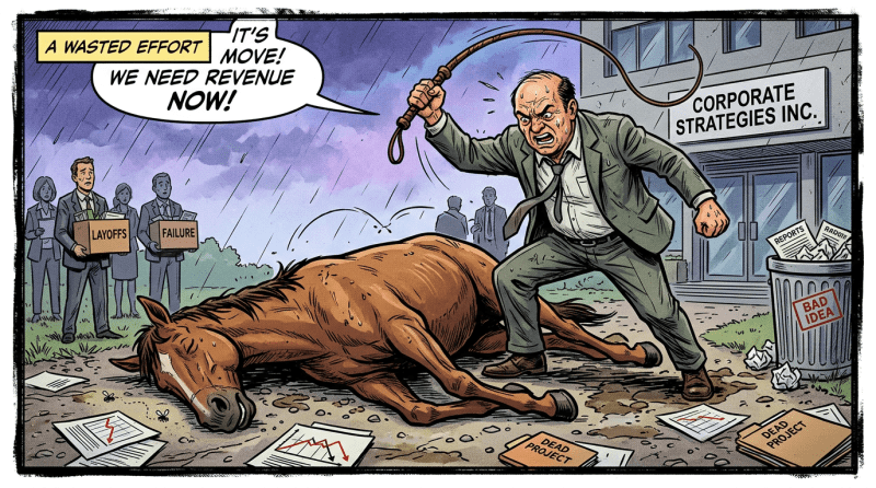 Frustrated businessman whipping a dead horse outside Corporate Strategies Inc. with layoffs, failure, and dead project signs